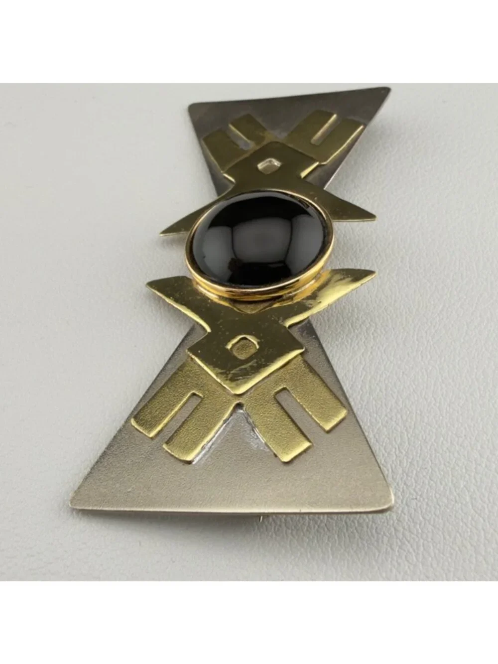 Vintage Modernist Geometric Brooch Black Cabochon Gold and Silver Tone Statement